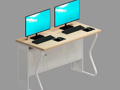 Modern Office Desk With Light Wooden Top Two Monitors Blue Screens And White Legs 3d model