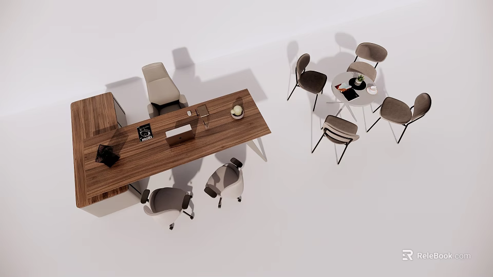 Modern Wooden Office Desk With Chair And Table Lamp In Minimalist Workspace 3d model 