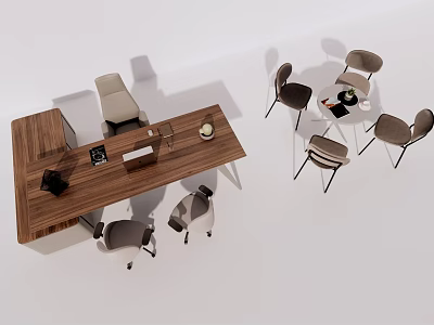 Modern Wooden Office Desk With Chair And Table Lamp In Minimalist Workspace 3d model