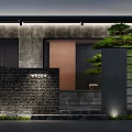 Modern Storefront Facade With Stone Wall Green Plants Grid Design And Lighting 3d model