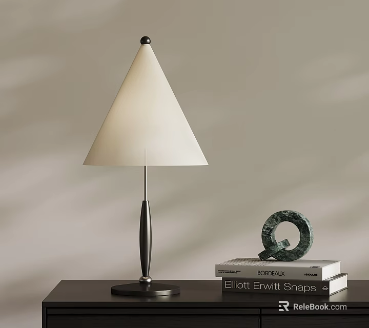 Modern Table Lamp With White Cone Shade Black Base Green Decor And Stack Of Books 3d model 