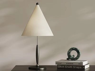 Modern Table Lamp With White Cone Shade Black Base Green Decor And Stack Of Books 3d model