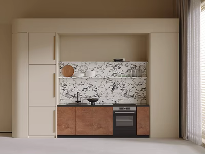 Modern Kitchen Interior With Beige Cabinets Marble Backsplash And Oven 3d model