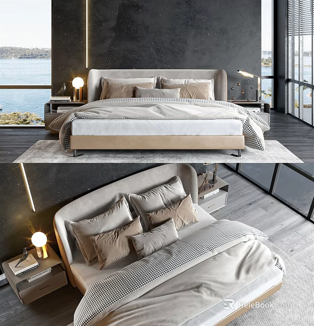 Modern Double Bed With Plush Pillows And Bedside Lamps In Elegant Bedroom 3d model 
