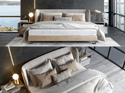 Modern Double Bed With Plush Pillows And Bedside Lamps In Elegant Bedroom 3d model