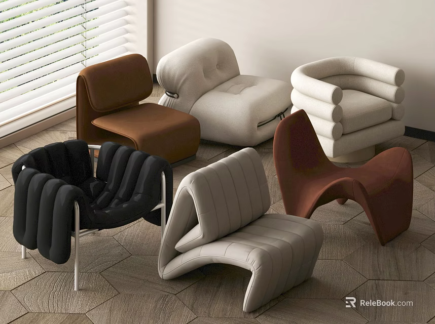 Modern Sofa Stools Featuring Unique Shapes Different Colors And Stylish Designs In Interior 3d model 