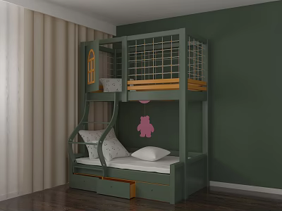 Green Bunk Bed Featuring Upper Guardrail Lower Mattress Pink Cartoon Sticker On Dark Green Wall 3d model
