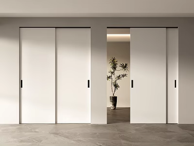 Modern White Sliding Doors With Black Frames Open And Closed Near Grey Floor And Plant 3d model