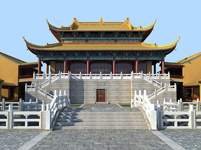 Ancient Chinese Architecture With Yellow Glazed Roof Upturned Eaves Stone Steps And White Railings 3d model