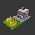 Pink Ice Cream Truck With Colorful Cones Near Yellow Fence And Sandbox