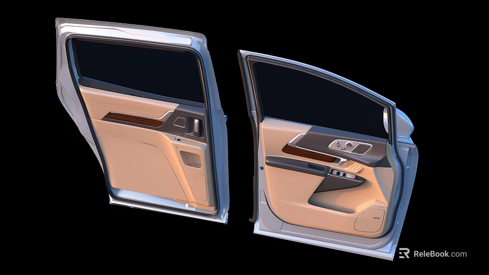 Open Car Doors Interior With Beige Panel Wood Trim And Control Buttons 3d model 