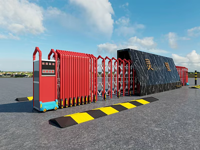 Red Retractable Gate Entrance With Black Signboard And Yellow Black Speed Bumps 3d model