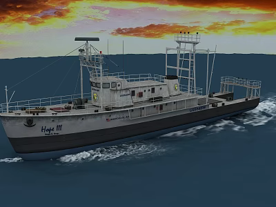 Hy111 Fishing Ship Sailing On Blue Sea With Sunset Sky And Waves 3d model