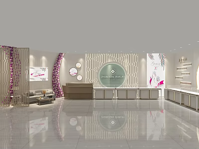 Modern Jewelry Store Interior With Display Cases Purple Floral Decorations And Bright Lighting 3d model