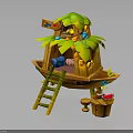 Decorative Wooden Boat Water Vehicle With Leaf Roof Ladder Small Table And Watermelon Decoration