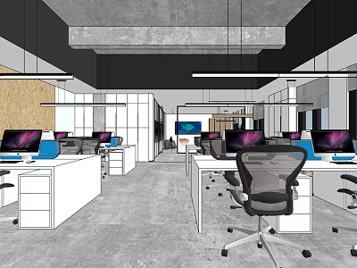 Public Office Space With Open Layout Desks Computers Ergonomic Chairs And Ceiling Lights 3d model