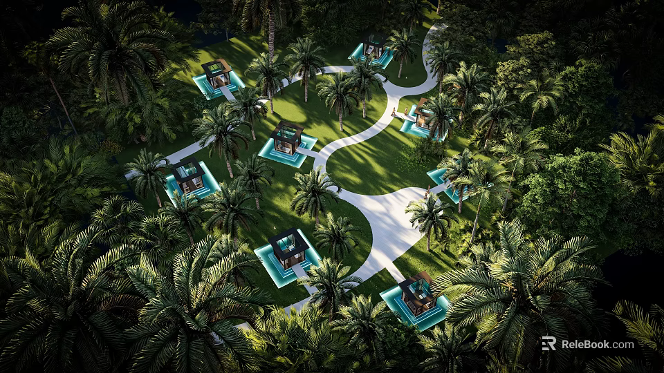 Aerial View Of Tropical Garden With Palm Trees Green Lawn And White Pathways 3d model 