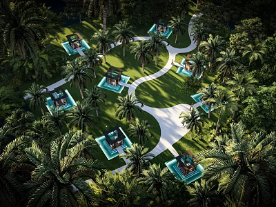 Aerial View Of Tropical Garden With Palm Trees Green Lawn And White Pathways 3d model