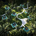 Aerial View Of Tropical Garden With Palm Trees Green Lawn And White Pathways