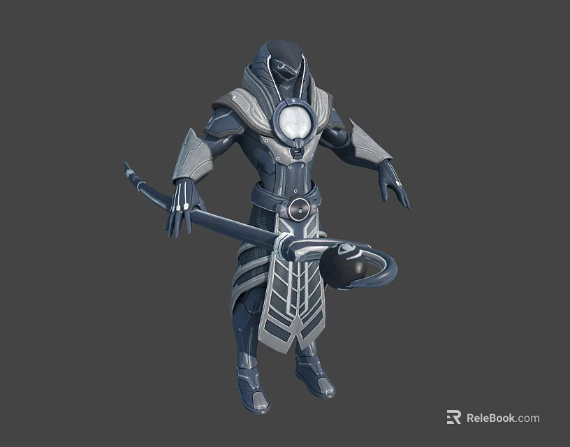 Futuristic Armored Character Design With Glowing Orb Axe And Dark Silver Armor 3d model 
