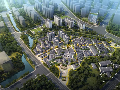 Aerial View Urban Planning With Traditional Buildings Modern High Rises Greenery And River 3d model