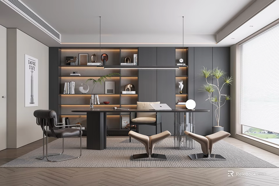 Modern Home Office Study Room With Dark Wood Shelves Desk And Comfortable Chairs 3d model 