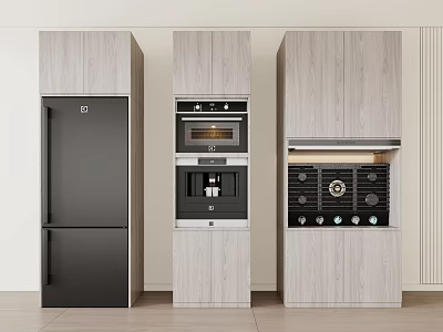 Modern Built in Kitchen Appliances With Light Wooden Cabinets Refrigerator Oven Coffee Maker And Wine Cooler 3d model