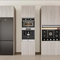 Modern Built in Kitchen Appliances With Light Wooden Cabinets Refrigerator Oven Coffee Maker And Wine Cooler