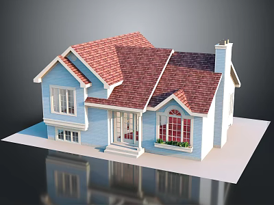 Detached House Exterior Design With Blue Walls Red Roof And White Window Frames 3d model