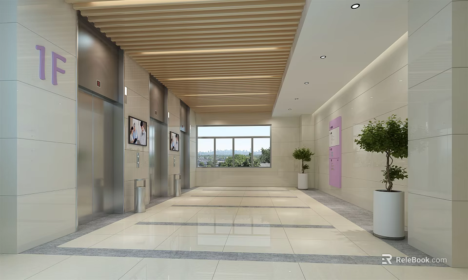 Elevator Hallway Interior With Wooden Ceiling Elevator Doors And Potted Plants 3d model