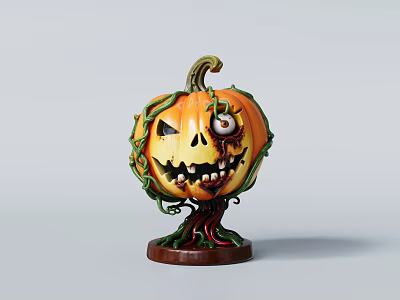 Pumpkin Landscape Sculpture With Carved Face Vines And Single Eye Design On Brown Base 3d model