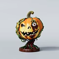 Pumpkin Landscape Sculpture With Carved Face Vines And Single Eye Design On Brown Base