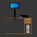 Wooden Office Desk With Monitor Keyboard Mouse Phone Drawer Cabinet And Computer Tower