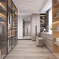 Modern Walk in Closet Interior With Glass Door Cabinets Mirror Storage Shelves And Stool