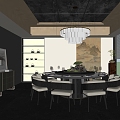 New Chinese Restaurant Box Dining Table and Chair Combination Chandelier Tableware Bucket Cabinet 3d model