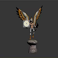 Mythical Eagle Humanoid Figure With Spread Orange Black Wings Holding Glowing Orb On Rock