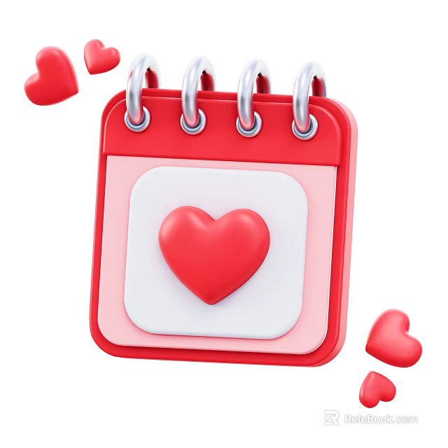 Adorable Decorative Ornament Set with Red Calendar and Small Hearts Around 3d model 
