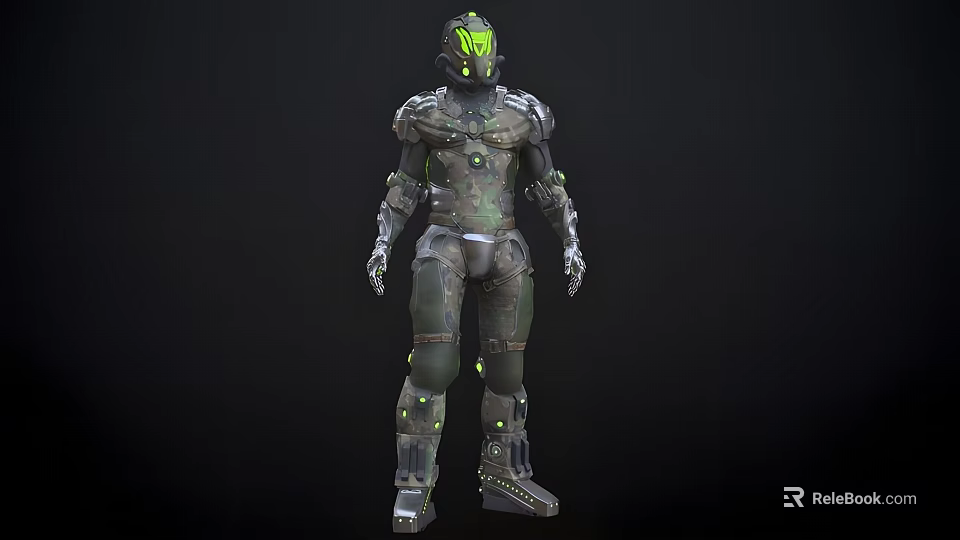 Man In Futuristic Armor With Glowing Green Accents And Sci Fi Design 3d model 