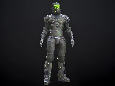 Man In Futuristic Armor With Glowing Green Accents And Sci Fi Design 3d model