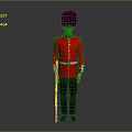 Standing British Royal Guard in Red Uniform With Black Bearskin Hat and Rifle