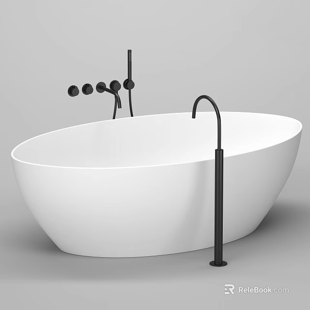 Elegant Modern Freestanding White Bathtub With Black Faucet And Fixtures Design 3d model 