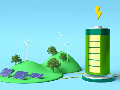 Cartoon Scene With Green Battery Lightning Bolt Wind Turbines Solar Panels Trees And Green Hills 3d model