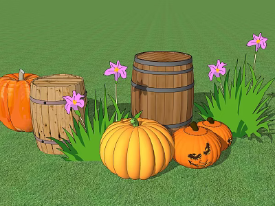 Fresh Orange Pumpkins with Smiley Face and Wooden Barrels on Green Grass with Pink Flowers 3d model