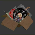Household Supplies In Open Cardboard Box With Vinyl Records And Red Items