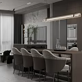 Modern Restaurant Interior Featuring Open Layout Grey Dining Table Chairs Marble Countertops And Pendant Lights