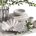 Decorative Ornament Combination With Green Plant Table Lamp Books Vase And Plates