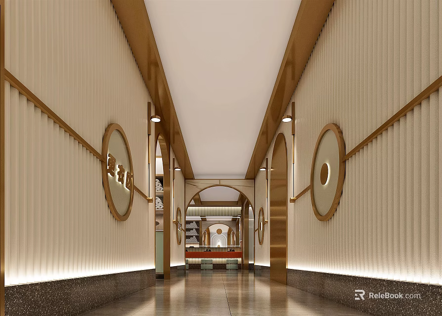 Elegant Elevator Hallway With Arched Doorway Beige Paneled Walls And Warm Lighting Accents 3d model 