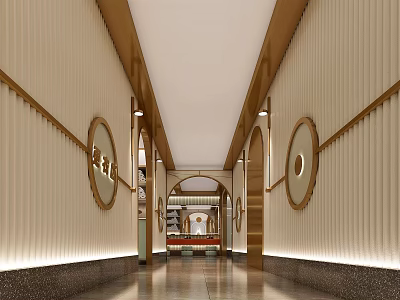 Elegant Elevator Hallway With Arched Doorway Beige Paneled Walls And Warm Lighting Accents 3d model