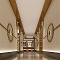 Elegant Elevator Hallway With Arched Doorway Beige Paneled Walls And Warm Lighting Accents