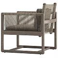 Weathered Solid Wood Woven Armchair With Soft Fabric Cushions For Cozy Living Room Use